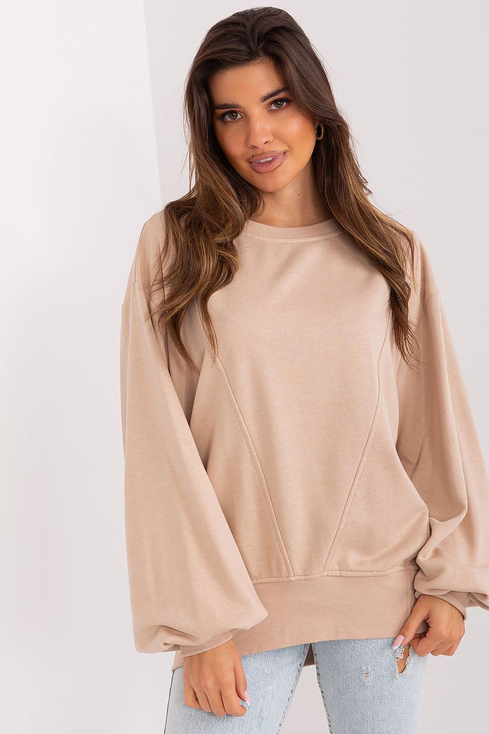Women's sweatshirt beige solid cotton blend front view