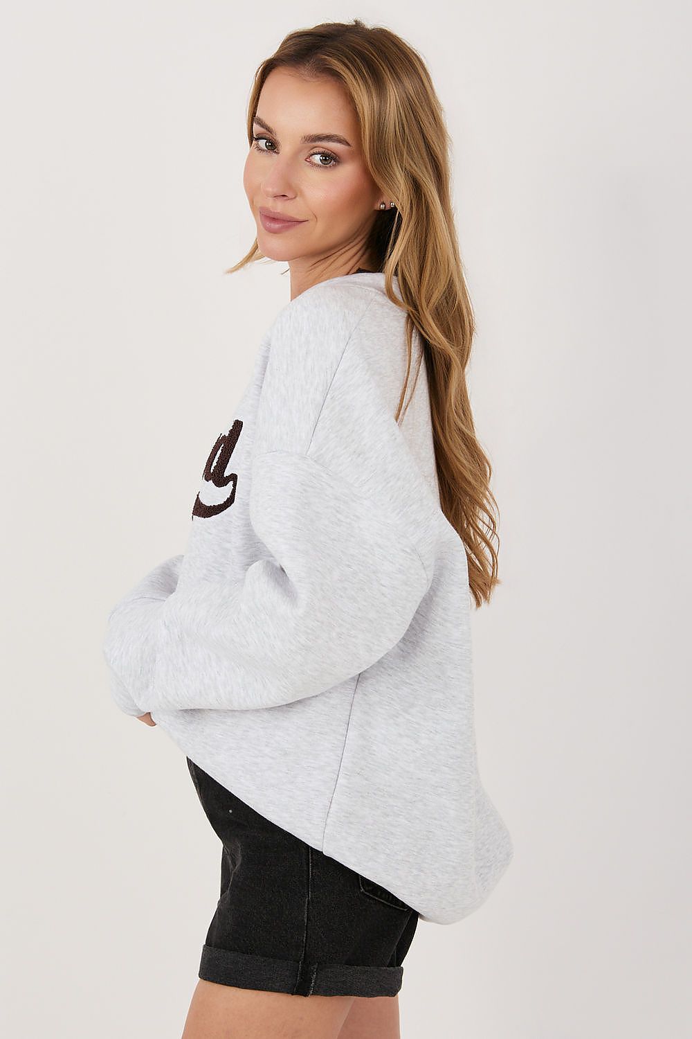 Women's sweatshirt grey crew neck side view