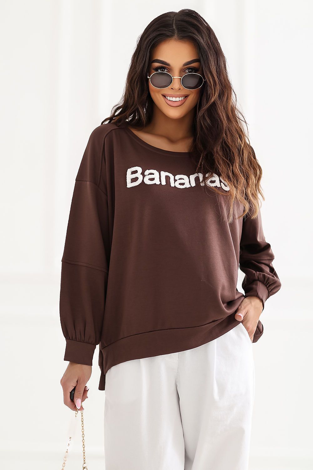 Women's Sweatshirt Embroidered Lettering Sleeve Patch Brown – Sweatshirt | GUOCALI