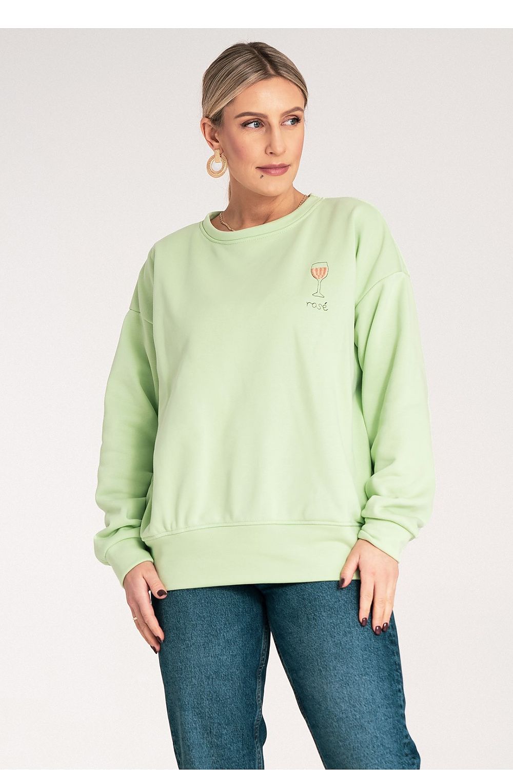 Women's sweatshirt green crew neck embroidered front view