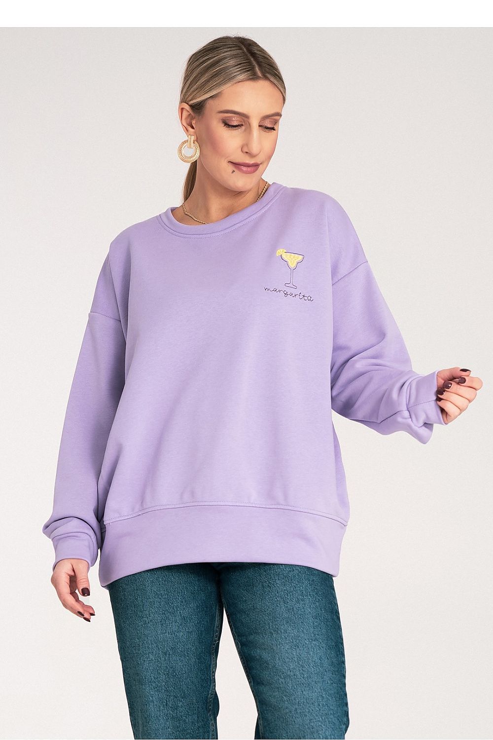 Women's sweatshirt violet crew neck embroidered front view