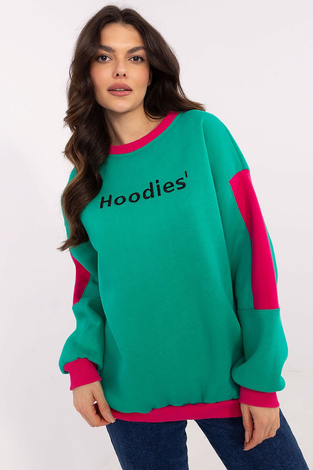 Women's sweatshirt green crew neck embroidered patches front view