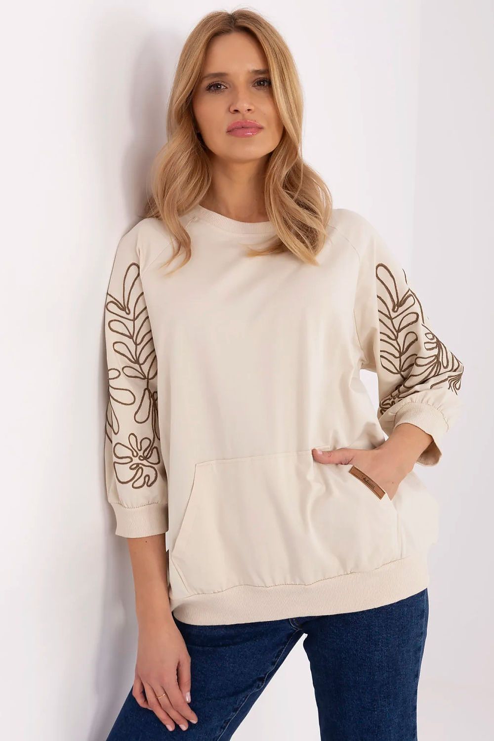 Women's Sweatshirt Embroidered Sleeve Kangaroo Pocket Stretch Cotton – Sweatshirt | GUOCALI – view 18