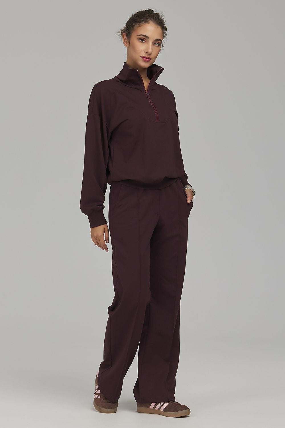 Women's sweatshirt mock neck half-zip ribbed cotton blend