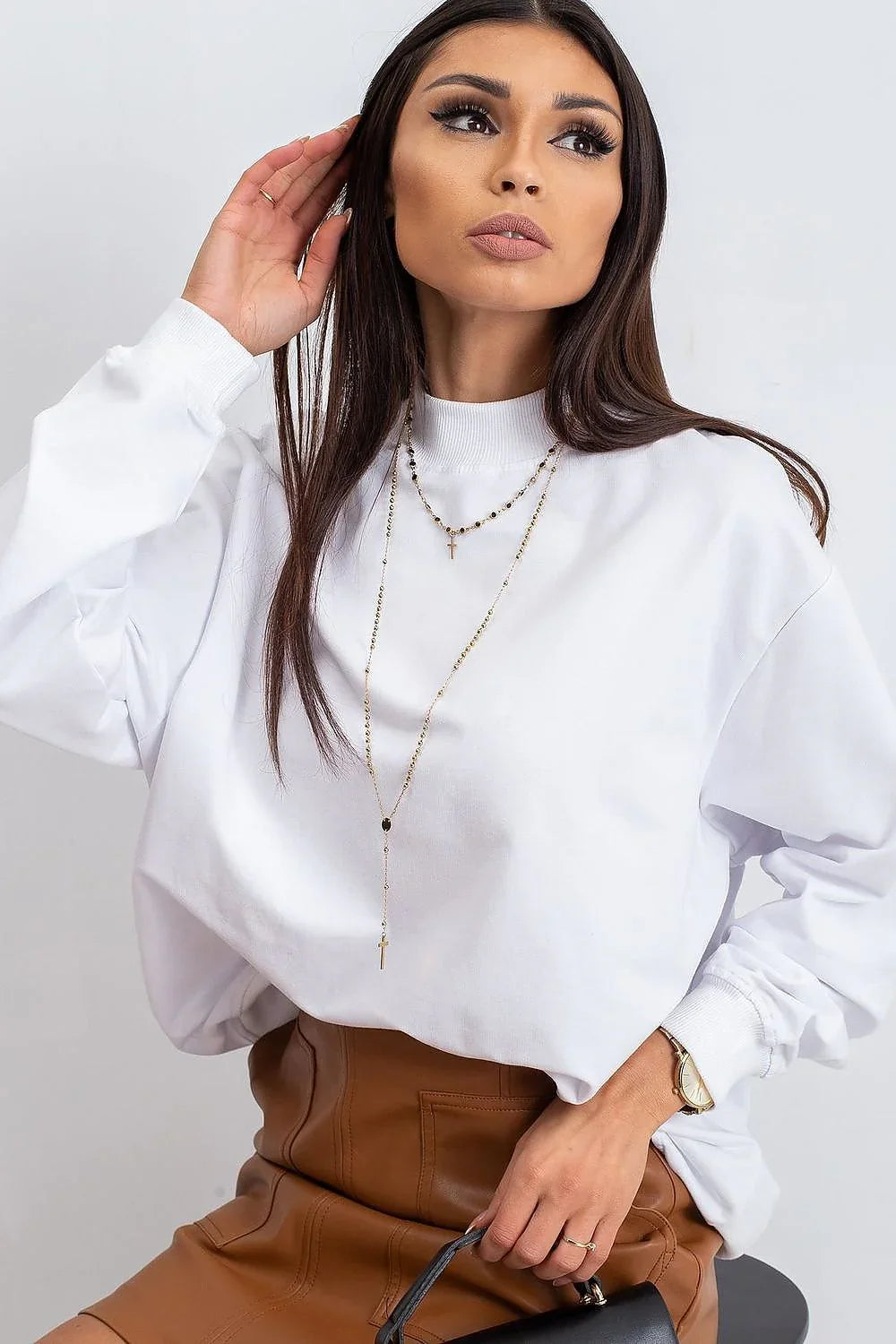 Women's Sweatshirt Mock Neck Solid Hip Length Stretch Cotton – Sweatshirt | GUOCALI – view 26