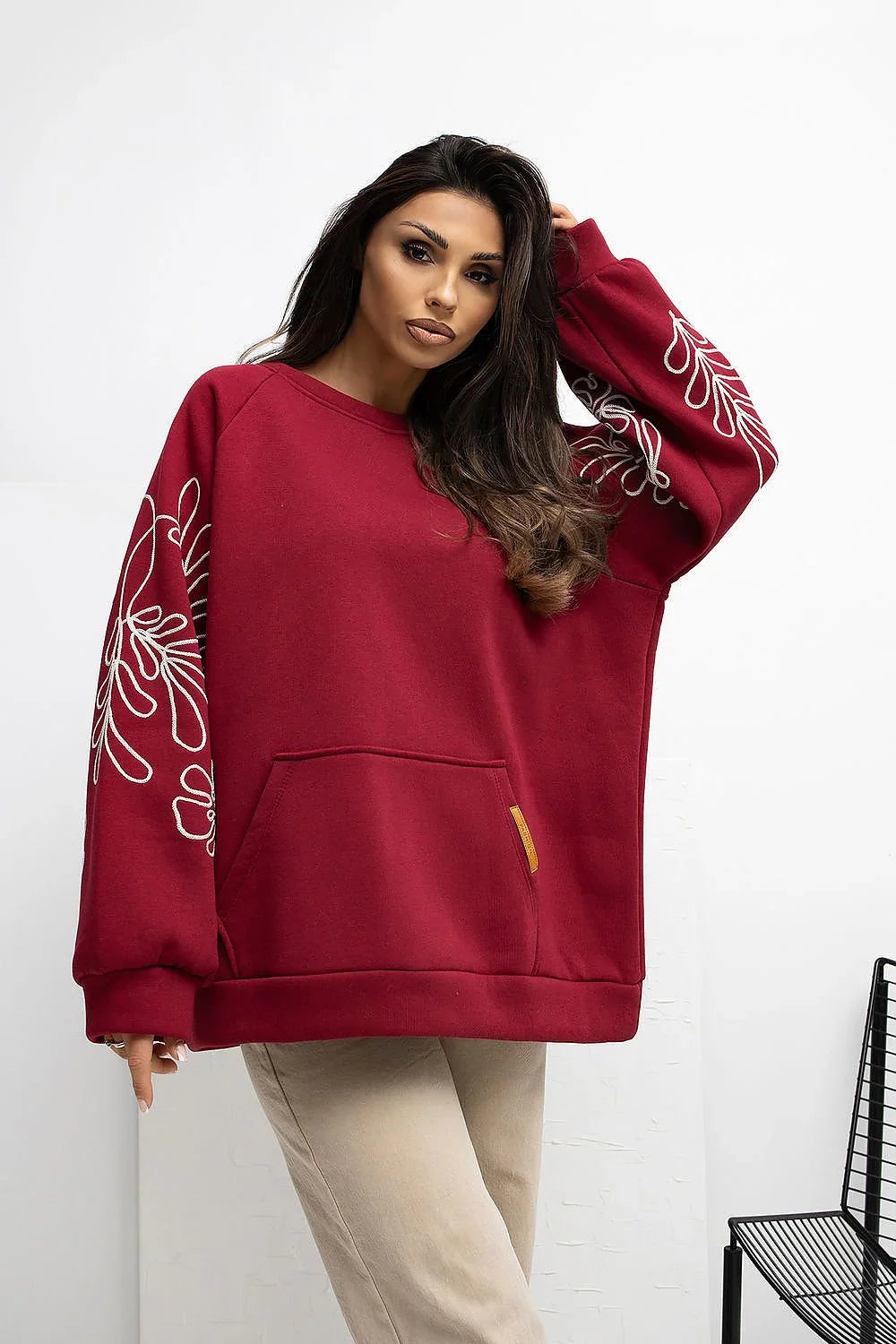 Women's Sweatshirt Oversized Embroidered Kangaroo Pocket Crew Neck – Sweatshirt | GUOCALI – view 12