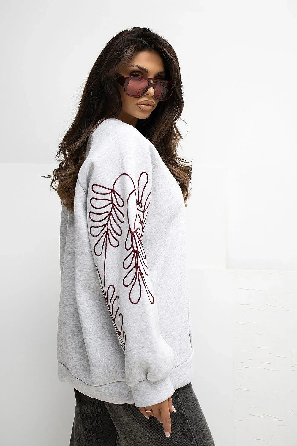 Women's Sweatshirt Oversized Embroidered Kangaroo Pocket Crew Neck – Sweatshirt | GUOCALI – view 6