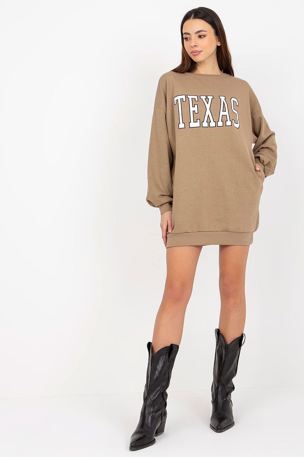 Women's sweatshirt beige oversized longline college print front view