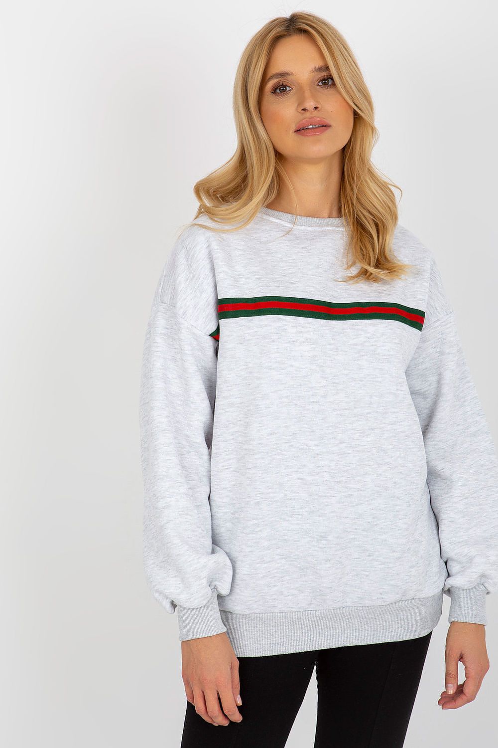 Women's sweatshirt grey striped crew neck front view