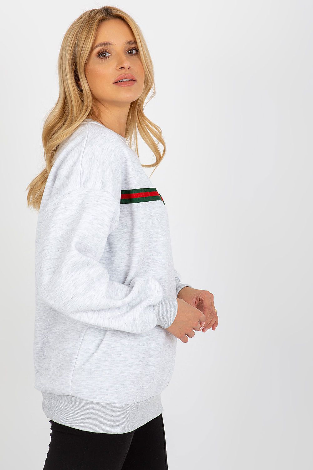 Women's sweatshirt grey striped crew neck detail view