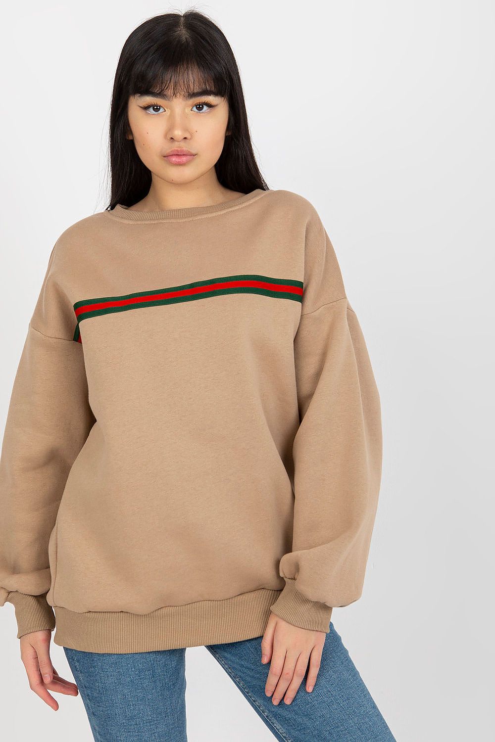 Women's sweatshirt beige striped crew neck front view