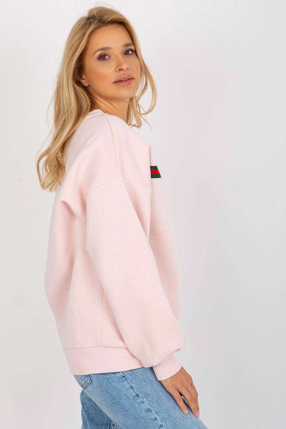Women's sweatshirt pink striped crew neck detail view