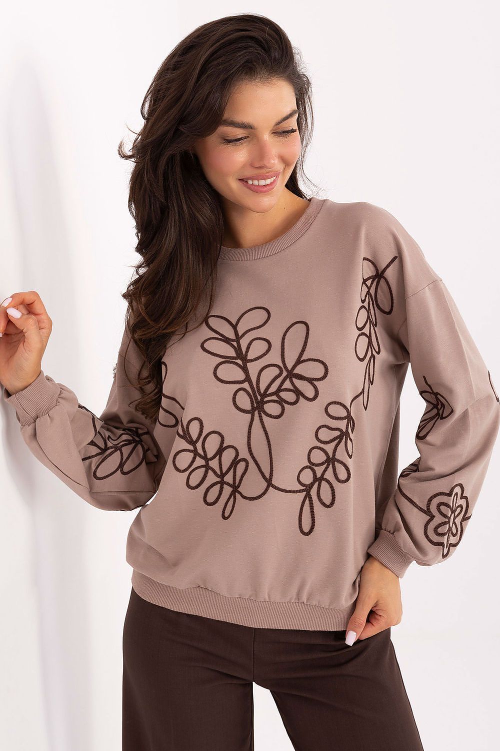Women's sweatshirt beige crew neck subtle embroidery front view