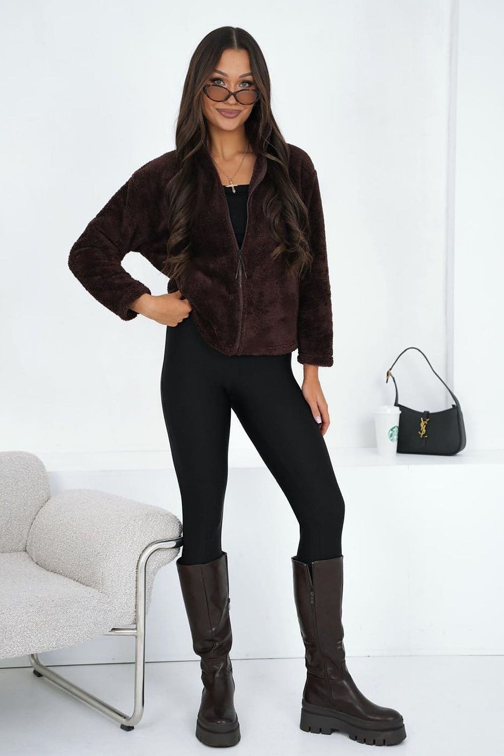 Women's sweatshirt brown soft teddy texture detail view