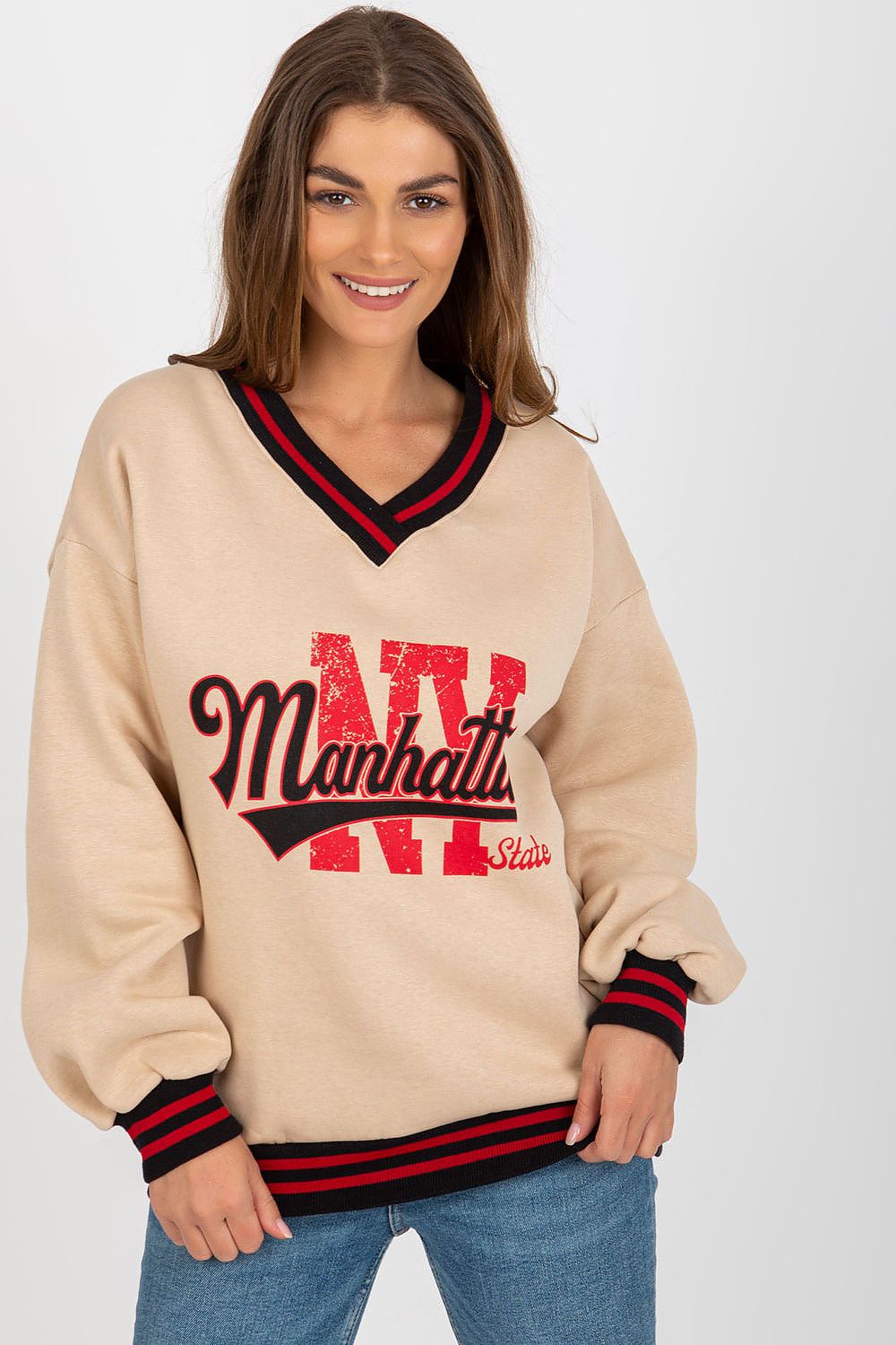 Women's sweatshirt beige V-neck college print front view