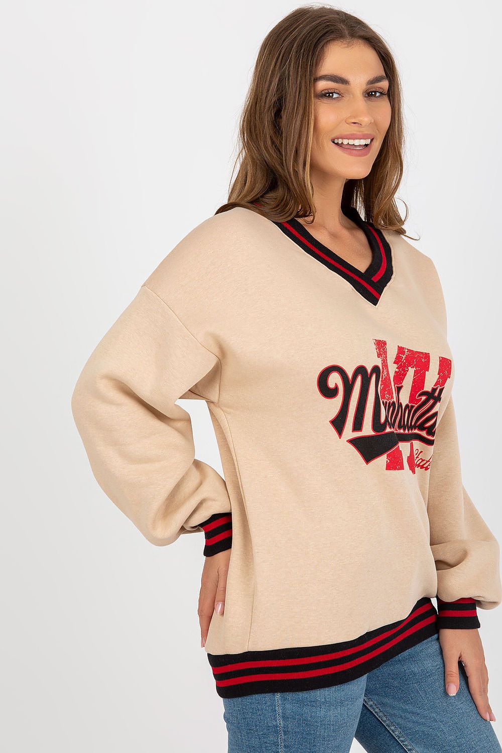 Women's sweatshirt beige contrast ribbing alternate view