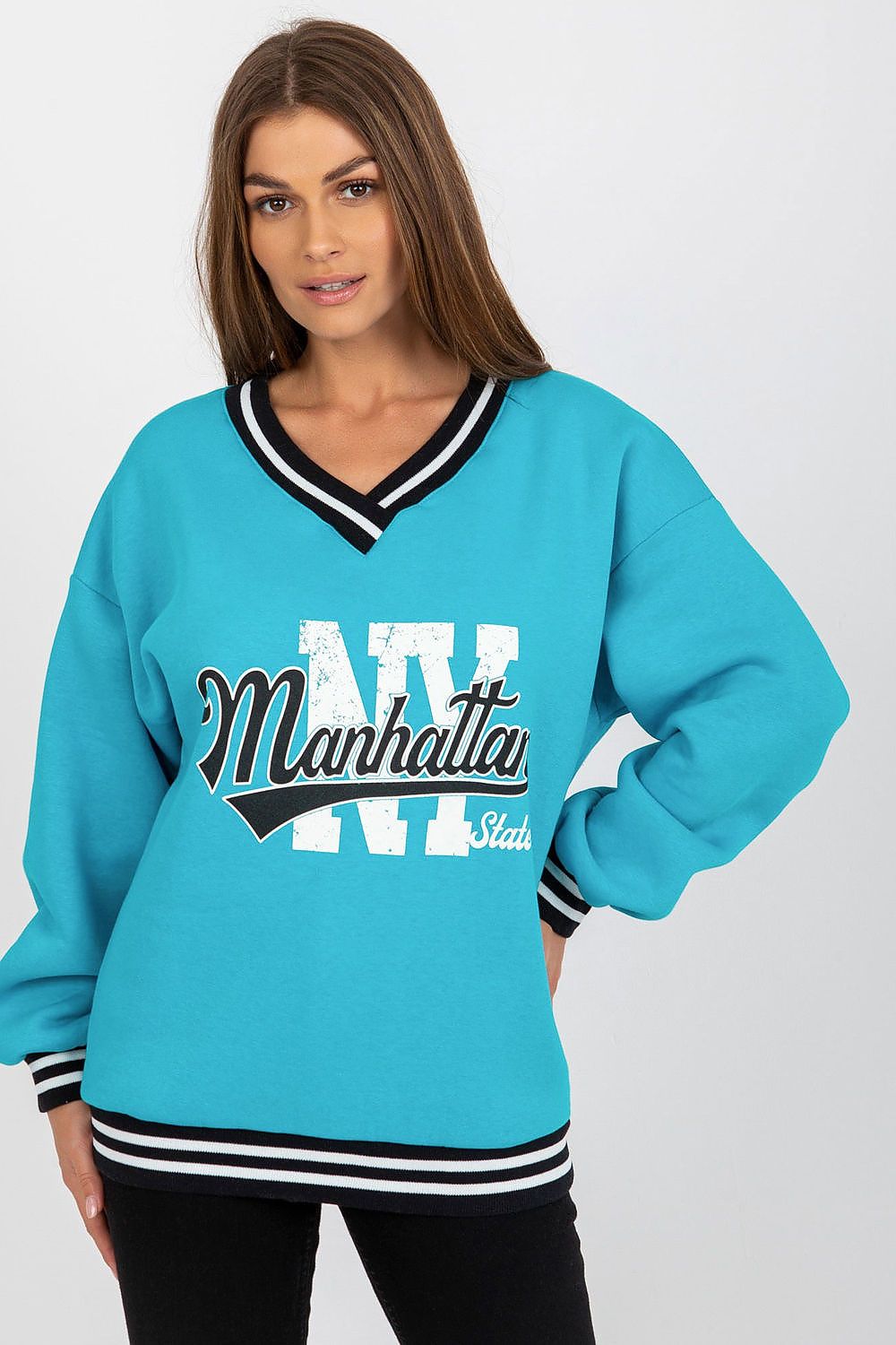 Women's sweatshirt blue V-neck college print front view
