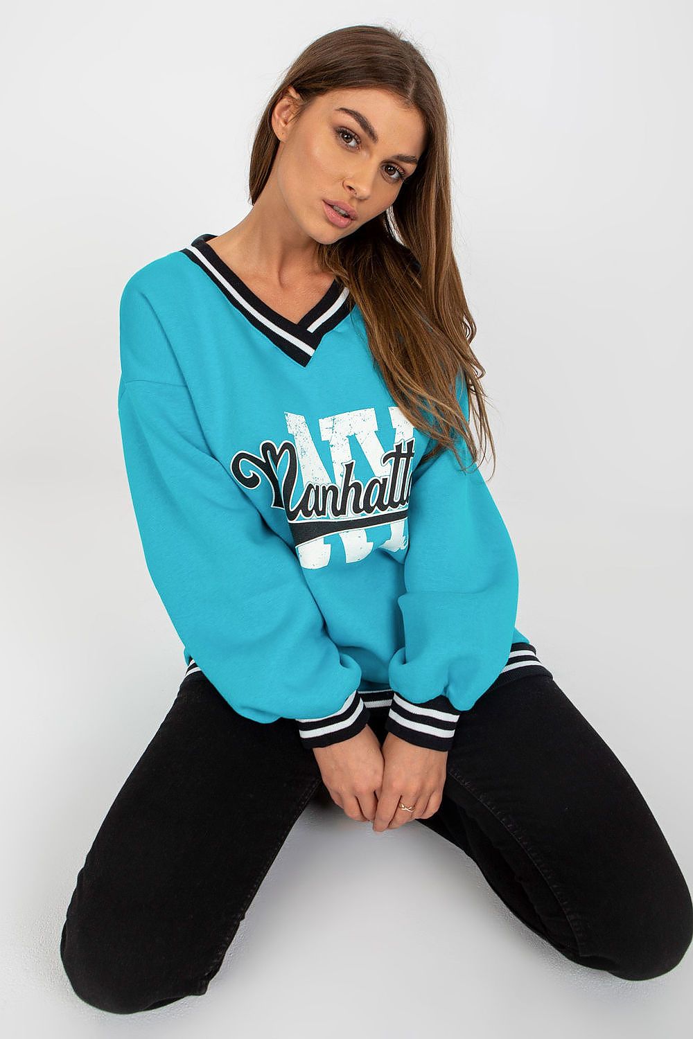 Women's sweatshirt blue contrast ribbing alternate view