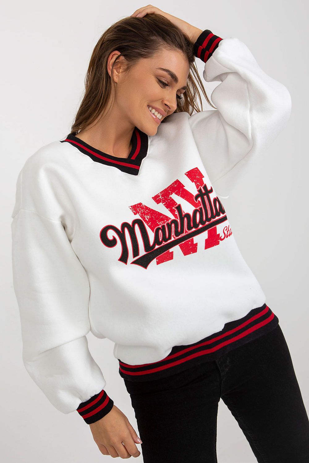 Women's Sweatshirt V-Neck College Print Contrast Ribbing – Sweatshirt | GUOCALI – view 5