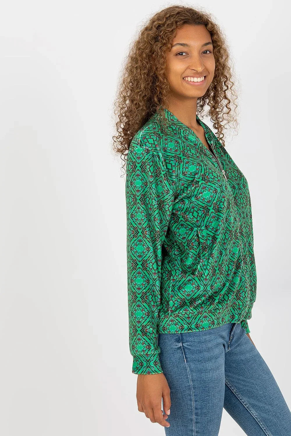 Women's Sweatshirt Zip-Up Geometric Side Pockets Green – Sweatshirt | GUOCALI – view 2