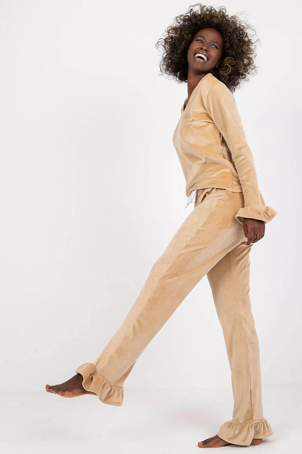 Women's Velour Pyjama Set with Frill Trim – Beige – Pyjamas | GUOCALI – view 2