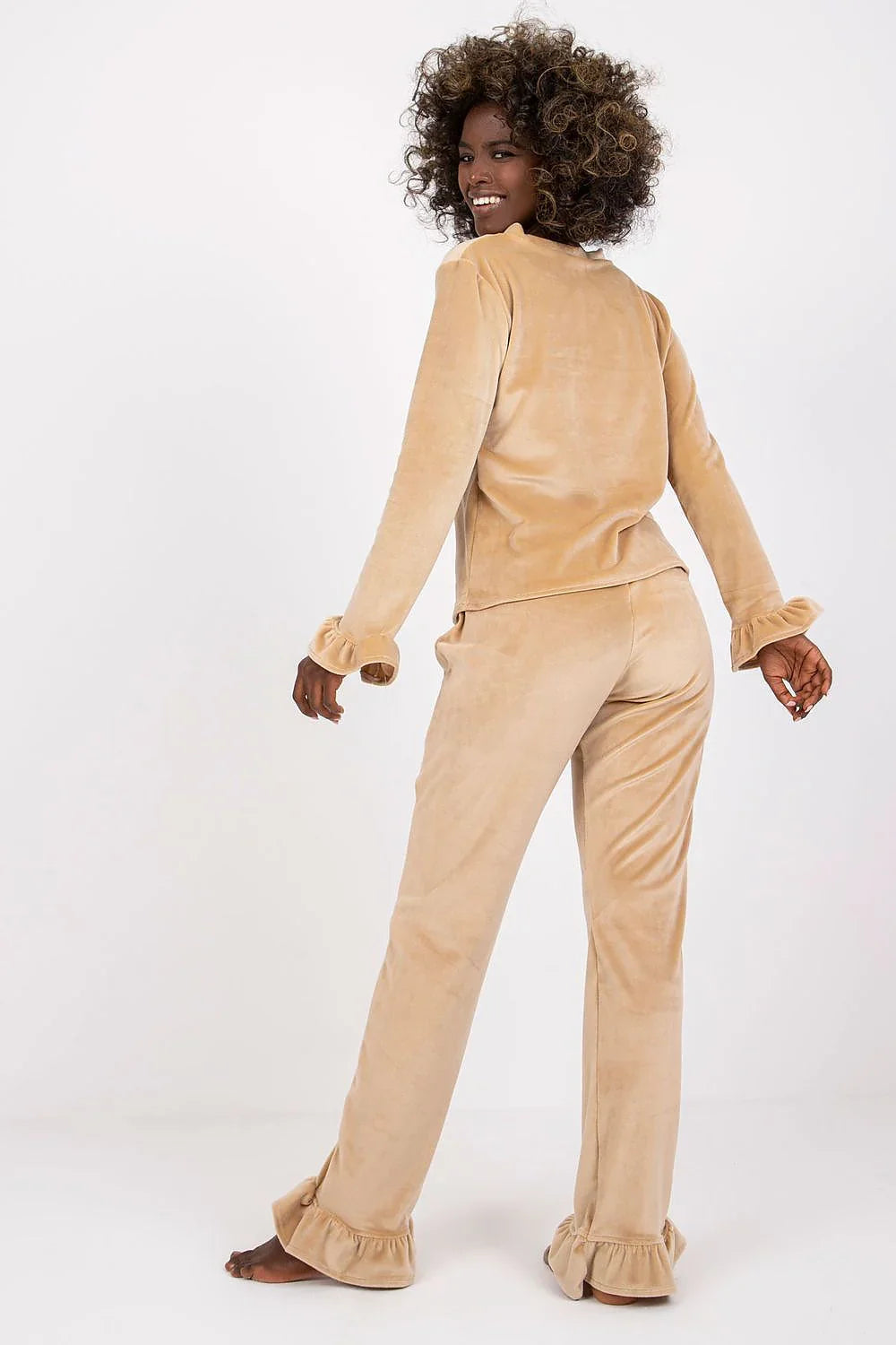 Women's Velour Pyjama Set with Frill Trim – Beige – Pyjamas | GUOCALI – view 3